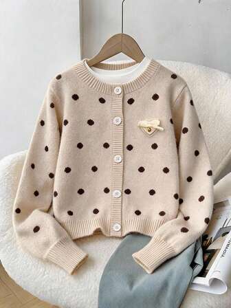 enmi bear Tween Girl Knit Cardigan With Flocking, Korean Style, Long Sleeve Casual Cardigan, Autumn/Winter
