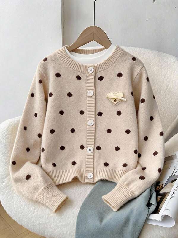 enmi bear Cardigan Rajut untuk Remaja Perempuan dengan Hiasan Beludru, Gaya Korea, Cardigan Kasual Lengan Panjang, Musim Gugur/Dingin