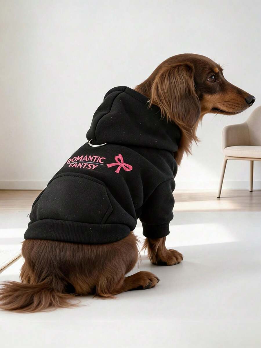 1件寵物衣服 秋冬款 小狗幼犬貓用 可愛簡約純色休閒連帽口袋上衣 蝴蝶結衛衣 - 黑色 - 黑色 - 查看 1