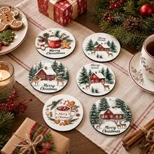 6pcs Christmas Element Pattern Printed Diatom Mud Coasters, Christmas Holiday, Can Be Used As Christmas Gifts, Christmas Decorations, Absorbent Beverage Coasters, Coffee Cup Coasters, Mug Coasters, Tea Cup Coasters, Desktop Protection Pads, Suitable For Dining Table, Coffee Table, Bar Counter And Office Desk Decoration - Multicolor - View 3