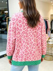 Acelitt Crew Neck Pink Leopard Print Polka Dot Contrast Trim Drop Shoulder Loose Fit Sweatshirt - Pink - View 2