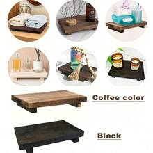 Wooden Bathroom Tray 9.1" X 3.5" X 1.6", Rustic Farmhouse Wood Pedestal Soap & Candle Holder, Handmade Natural Texture Display Shelf For Bathroom Vanity, Kitchen Countertop, Sink, Office Desk & Home Decor – Coffee/Black - A - View 7