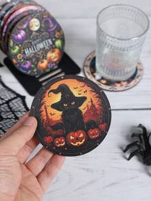 1 Set Halloween Wooden Coasters, Halloween Gothic Style Non-Slip Coasters, Halloween Decoration, Halloween Party Decoration, Halloween Trick Or Treat Decoration, Scary Halloween Decoration, Ghost BOO/Pumpkin/Witch Pattern Coasters, Home Decor, Tabletop Decor - Halloween Mix - View 10