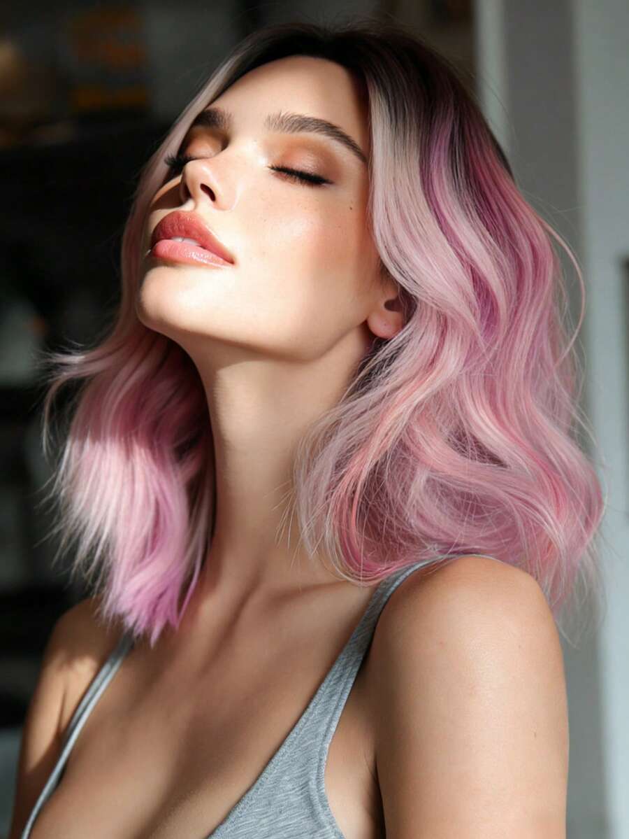 14inch Short Wave Pink Ombre-Dark Roots Wigs For Women,Elegant Wavy Bob Wigs With Curtain Bangs,High Quality Soft Synthetic Fiber Wigs For Girls Daily Wear, Family Party Use, Fashion Wig Accessories - 漸層粉紅色 - 查看 1