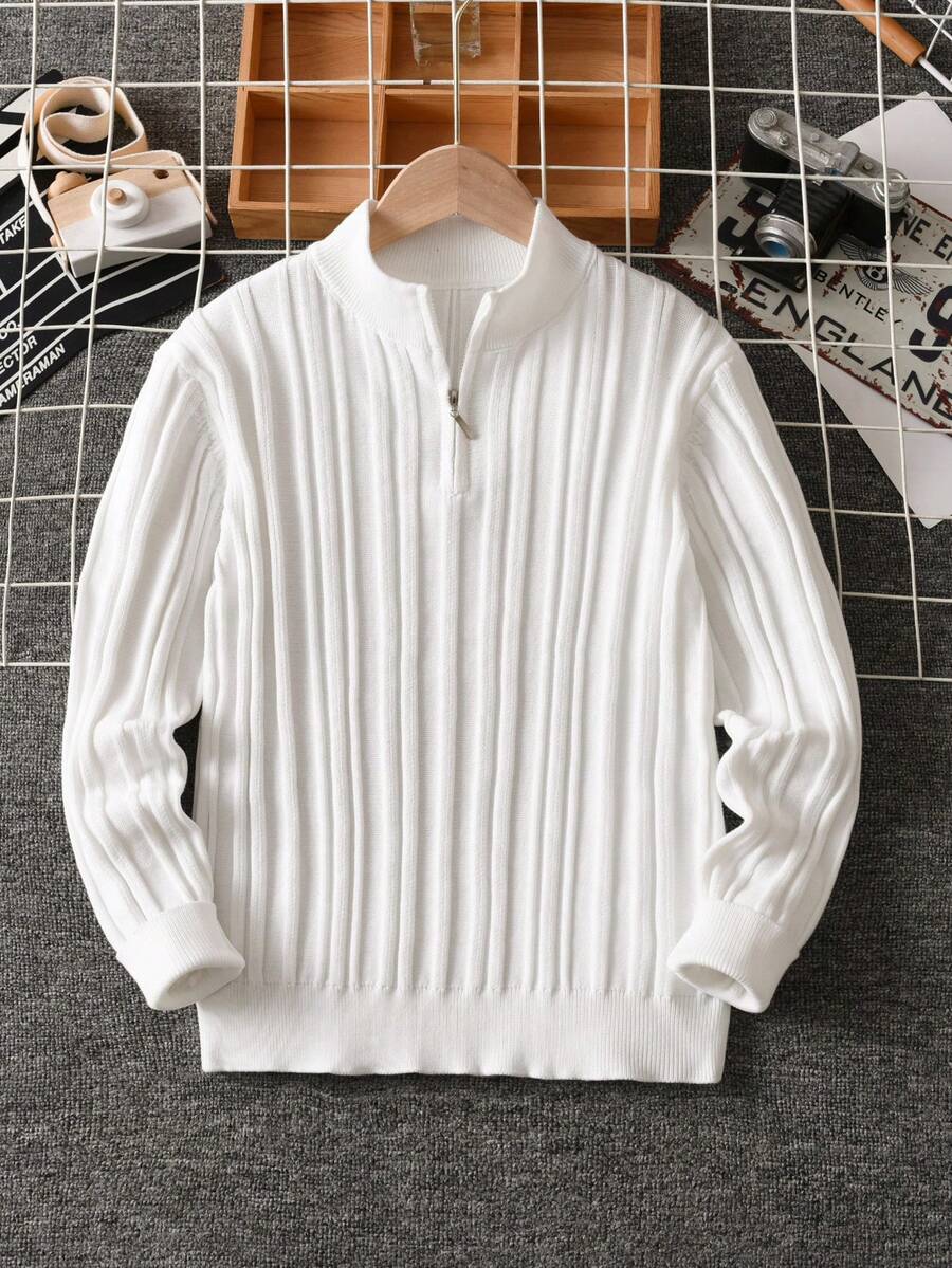 Boys' Preppy Solid Color Striped Stand Collar Sweater Long Sleeve Knit Pullover, Suitable For School Daily Casual Wear In Spring, Autumn, Winter - White - View 1