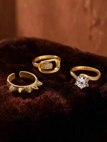 3Pcs/Set Fashion Cubic Zirconia Round Ring For Women Gold Color Geometric Open Ring Wedding Party Jewelry Gift - Multicolor - View 1