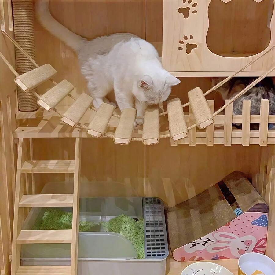 Exquisite Wall-Mounted Wooden Cat Climbing Ladder, Durable Sisal Scratching Rope, Space-Saving Indoor Cat Bridge Furniture, Reliable Pet Activity Structure, 3 Sizes Available: 50cm, 150cm, 200cm, Sturdy Home Kitten Toy Supplies - Ginger - View 1