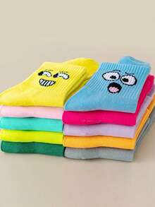 10 Pairs Random Mixed Color Kids Socks, Cartoon Cute Expression Pattern, Baby Boys & Girls, Japanese Style Versatile Mid-Calf Socks For Children & Teens - Multicolor - View 9