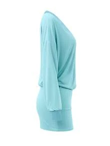 LovelyWholesale Gaun Mini Lengan Panjang Leher V Polos untuk Wanita, Gaun Pendek Bodycon Ramping dengan Bahu Jatuh Longgar, Gaun Kasual untuk Acara Malam Hari, Gaun Sehari-hari - Hijau - View 6