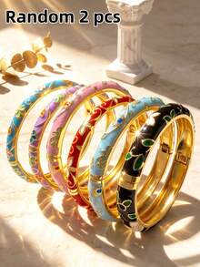 Fashionable Elegant Vintage Bohemian Vacation 2pcs/1pc New Chinese Enamel Craft Colorful Auspicious Cloud Flower Oil Drop Four-Leaf Clover Bracelet Inlaid With Rhinestone Flower Vine Spring Open Cuff Bracelet Gold Round Disc Elastic Plumeria Bracelet Personalized High-End Design Jewelry Suitable For Women All Seasons Beach Vacation Party Date Gift Daily Wear Versatile Bracelet (Random Shipment) - Multicolor - View 4