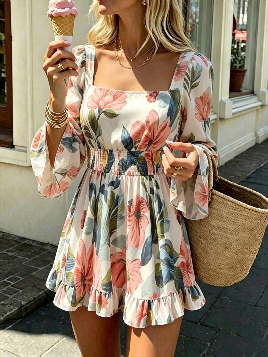 Đầm mini nữ họa tiết hoa phong cách Bohemian, cổ vuông, tay dài dáng rủ, gấu bèo nhún, phù hợp cho ngày nắng - Màu hỗn hợp - Xem 1