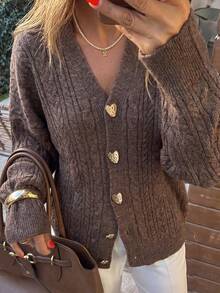 Women's Casual Elegant Heart Gold Button Open Front Solid Color Cable-Knit Drop Shoulder Knitted Sweater Cardigan Top Long Sleeves Office Fall - Brown - View 3
