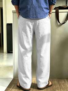 Men's Linen Straight Leg Casual Pants, Spring/Summer Thin Breathable Versatile Solid Color Drawstring Loose Long Pants, Black - White - View 3