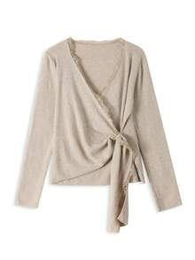 Women's Lace Patchwork Pleated Casual Versatile Daily Wear Knit Top - Khaki - View 6