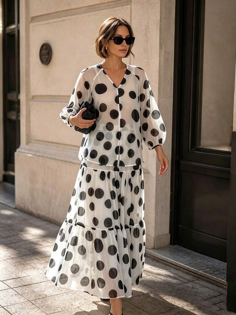 2pcs White & Black Polka Dot Print: V-Neck Sheer Puff Sleeve Top And Layered Ruffle Hem Maxi Skirt - Black and White - View 1