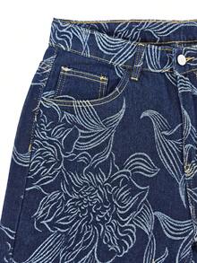 Men's Deep Blue Washed Large Floral Jacquard Loose Fit Jeans, Vintage Loose Fit Jeans - Blue - View 6