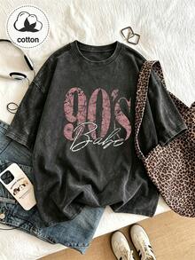 90s Vintage Print Women's T-Shirt - Casual Short Sleeve Crew Neck Washed Top, Suitable For All Seasons, Women's Autumn Clothing Black - Black - View 5