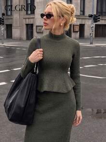 Autumn/Winter New Semi-High Neck Waist-Cinching Ruffle Hem Knit Top + Bodycon Long Skirt Vintage Slimming Two Pieces Set, Convenient Outfit With Fall - Olive Green - View 7