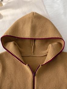 Boys' Hooded Full Zip Long Sleeve Knit Cardigan With Contrast Trim Design, Simple Casual Versatile Knit Jacket Suitable For School Daily Wear In Autumn/Winter - Khaki - View 4