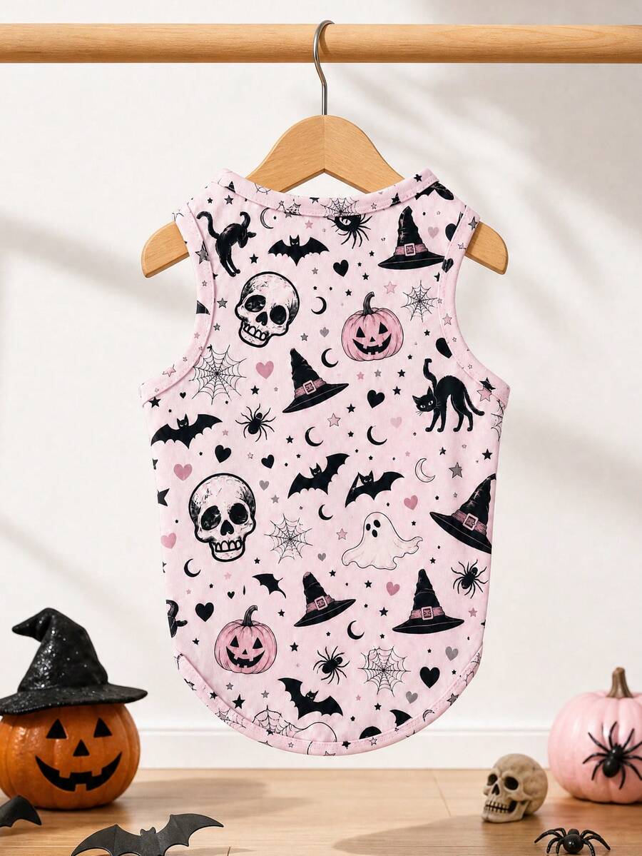 1pc Halloween Pink Magic Academy Pattern Pet Vest, Casual Fashion Breathable Physical Anti-Shedding Small Pet Vest Suitable For Cats And Dogs Indoor And Outdoor - Baby Pink - View 1