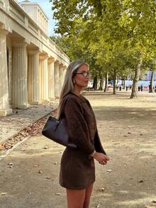 Vivid Style Brown Fuzzy Knit Cardigan Women Crewneck Button Up Crop Loose Sweater Drop Shoulder Long Sleeve Cozy Ribbed Knitted Jumper Coat - Coffee Brown - View 4