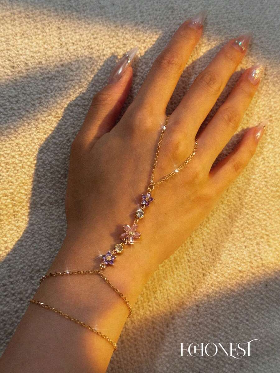 EchoNest 1pc Gold Stainless Steel Floral Linked Finger Bracelet With Zirconia, Vacation Party Finger Chain Decorative Accessory - Yellow Gold - View 1