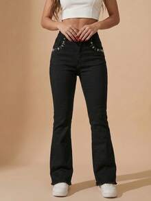 pthirillo Women Jeans - Rhinestone and Pearl Floral Trio Bag - View 9