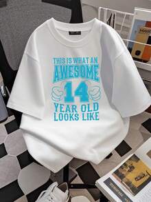 Camiseta de mujer con estampado de "14º Cumpleaños Chico" para 14 años - Estampado de pulgar hacia arriba y número 14 en turquesa y blanco, camiseta casual de cuello redondo, idea de regalo - Blanco - Ver 2