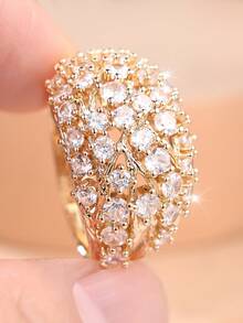 1 Exquisite Full- Zirconia Tree-Branch Openwork Design Women's Ring-A Glamorous, Eye-Catching Accessory For Evening Events - Yellow Gold - View 10