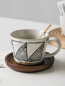 1pc Handmade Coarse Ceramic Coffee Cup Set, Ceramic Cup + Wooden Coaster, Suitable For Home, Office, Cafe Use, Great Gift Choice - Multicolor - View 5