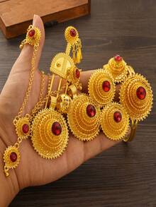6pcs/Set Golden Color Multi-Layer Jewelry Set, Earrings, Rings, Necklace, Bracelet, Hair Chain, Hairpin, Party Gift - A - View 1