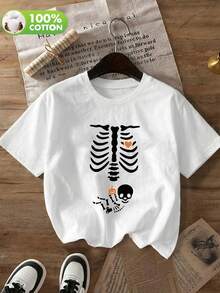 Women Skeleton Ribcage Pumpkin Print Casual Crew Neck Short Sleeve T-Shirt - White - View 1