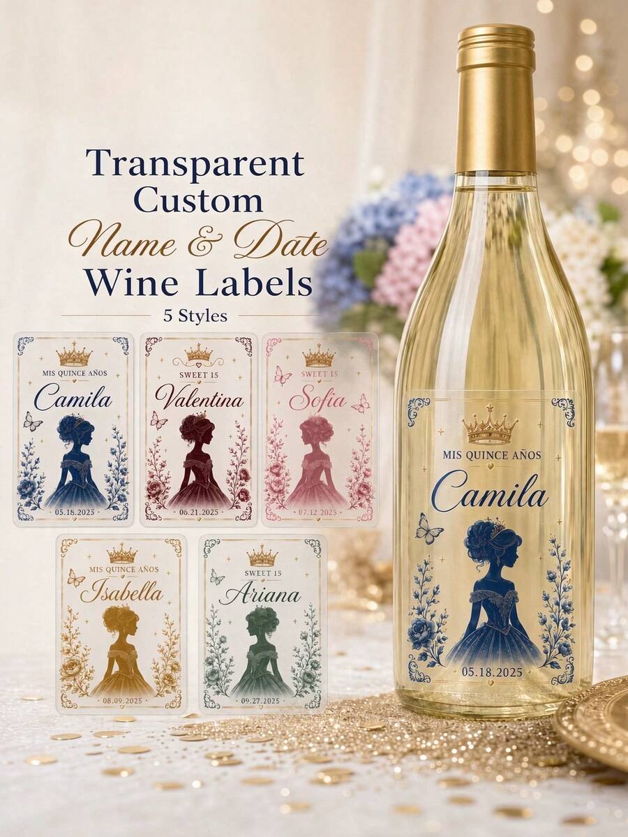 Personalized Transparent Wine Bottle Labels, Customized Name And Date Bottle Stickers, Suitable For Party Favors, Table Decor, Gift Wrapping, Sealing Stickers, Self-Adhesive Paper Material - Multicolor - View 1