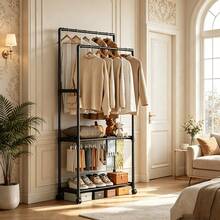 1pc Multifunctional Double-Row Clothes Storage Rack, Shoe Rack, Storage Shelf, Movable And Easy To Assemble, Suitable For Living Room, Entryway, Bedroom, Study, Office, Holiday Gift, Christmas Gift - Multicolor - View 3