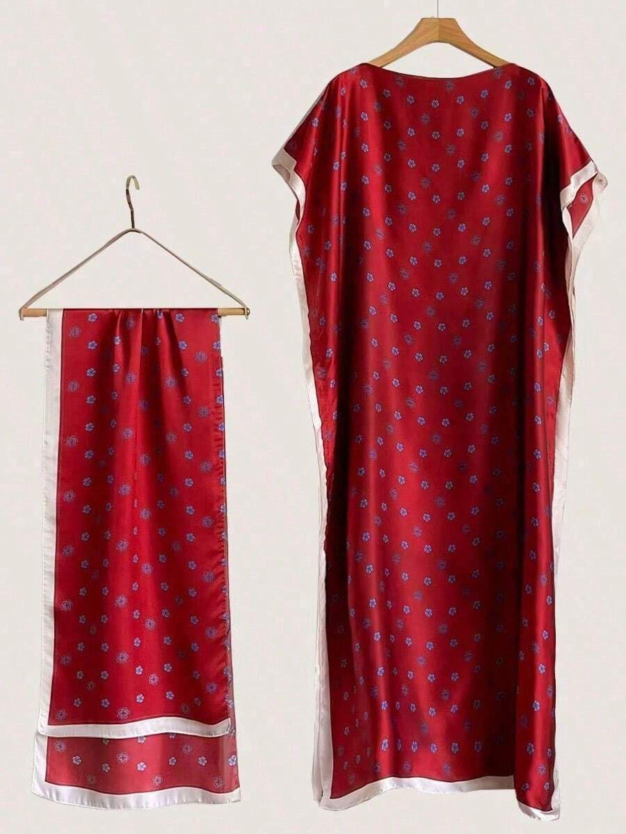 1件裝仿絲印花披肩圍巾套裝,女款外套裝飾,海灘防曬防風防曬,日常穿搭使用 - S45415-紅色 - 查看 1