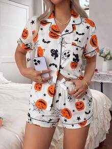 2pcs Women's Halloween Pumpkin & Bat Short Sleeve Collared Top And Bow Shorts Pajama Set - Apricot - View 3