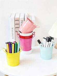 1pc Dual‑Handle Bucket‑Shaped Desktop Pen Holder, Dopamine Color Multi‑Purpose Mini Succulent Plant Pot, Neutral Modern Decor Storage Organizer, For Home Office Dorm Study, Back To School Daily Desk Supplies - Multicolor - View 10