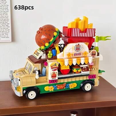 638 piezas Mini Bloques de Construcción Set de Camión de Comida Rápida Hamburguesa, Escena Callejera Camión de Comida Rápida con Hamburguesa Gigante, Papas Fritas, Decoraciones de Helado, Modelo de Coche DIY para Ensamblar, Exquisito Adorno de Escritorio, Adecuado para Adolescentes, Adultos Entusiastas de Bloques de Construcción Colección y Regalo