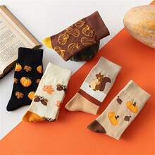 5 Pairs Brown Halloween Pumpkin Squirrel College Anime Style Mid-Calf Socks, Fashionable Cute Comfortable Best Girls Socks - Multicolor - View 3