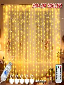 1pc Copper Wire Curtain Lights, 300 LED Fairy Curtain Lights, 8 Lighting Modes, With Remote Control, Suitable For Halloween/Christmas Decoration, Wedding Decoration, Party Decoration, Room Decoration And Home Decoration - Curtain String Lights - View 20