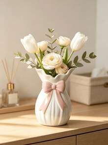 1pc Elegant White Vase With Pink Bow, Wavy Edge Design, Suitable For Fresh Flowers/Dried Flowers, Home Decor, Tabletop Centerpiece, Spring/Summer Aesthetic, Gift For Her, Wedding Table, Bohemian Fashion Style - Multicolor 1 - View 5