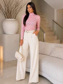 Elegant And Modern Women's Long Sleeve Polka Dot Tulle Blouse With Mock Neck - POÁROSA - View 3