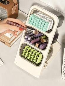 3-Tier Large Capacity Makeup Brush Holder/Dust-Proof Makeup Brush Rack/Portable Travel Cosmetic Storage Tube (Brushes Not Included), With Slanted Compartments, Space-Saving For Desk, Office And Craft Room; Multi-Functional Storage Box, Can Store Markers, Pencils, Pens, Paintbrushes And Lipstick Tubes - Multicolor - View 5