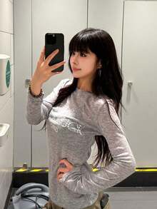 Women's American Style Pearl Rhinestone Long Sleeve T-Shirt, Slim Fit Thin Sun Protection Cover-Up, Summer Early Autumn - Grey - View 2
