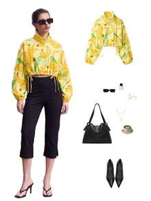 Jaket Kemeja Wanita YROOE Musim Gugur/Dingin Motif Pisang Kuning Kerah Tegak Lengan Panjang Mengembang Tali Serut Samping Model Pendek Longgar - MultiWarna - View 1