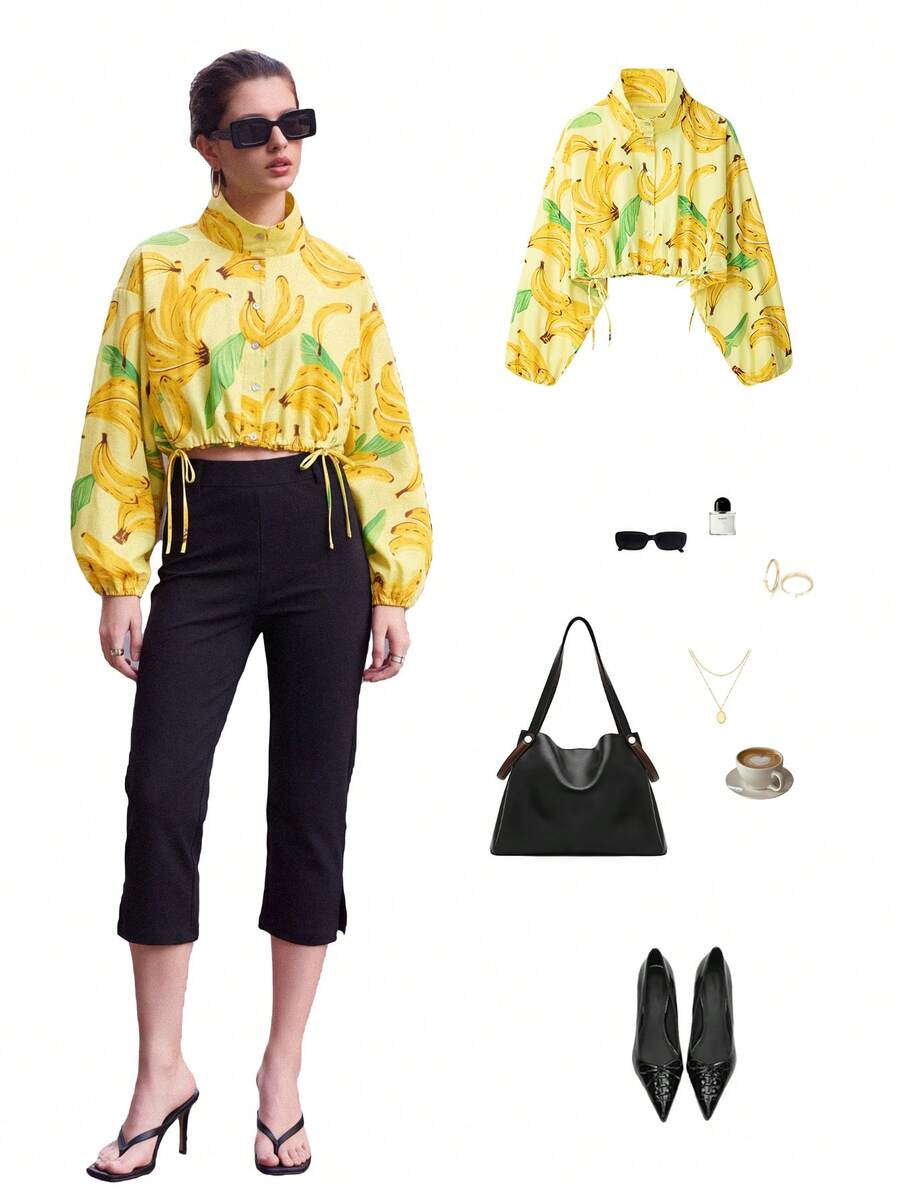 Jaket Kemeja Wanita YROOE Musim Gugur/Dingin Motif Pisang Kuning Kerah Tegak Lengan Panjang Mengembang Tali Serut Samping Model Pendek Longgar - MultiWarna - View 1