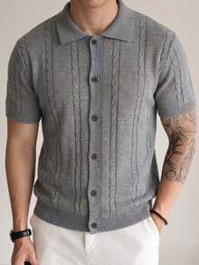 Men's Unisex Polo Collar Knit Cardigan Short Sleeve Sweater, Casual Business Commute Solid Color Minimalist Daily Wear Spring Summer - Grey - View 3