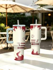 1pc/5pcs 40oz Red Flame CHK BOOM Letter Print Handle Travel Mug, Double-Wall Stainless Steel Large Capacity Cup, Street Style Pattern, Suitable For Office And Road Trips - Multi-color-flame - View 4