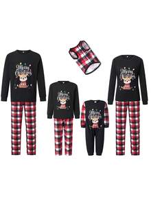 Family Christmas Matching Pajamas Set Long Sleeve Tops With Plaid Pants - Black - View 3