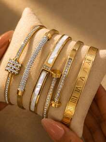 ZCNC 5pcs/Set Personalized Multi-Color Stainless Steel Bracelet & Bangle Set, Unique Design, Fashionable, Multi-Element, Exquisite Ideal Gift, Non-Fading Jewelry, Stylish - Gold 13 - View 4
